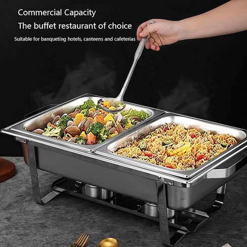 طبق ساخن للبوفيه من الفولاذ المقاوم للصدأ - يحتوي على صينية تسخين من الفولاذ المقاوم للصدأ، مجموعة بوفيه وعاء ساخن، سخان طعام مع غطاء من الفولاذ الصلب وحامل لتقديم الطعام في حفلات الزفاف (حجرة مزدوجة/ج) in Kuwait