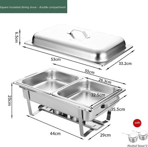 طبق ساخن للبوفيه من الفولاذ المقاوم للصدأ - يحتوي على صينية تسخين من الفولاذ المقاوم للصدأ، مجموعة بوفيه وعاء ساخن، سخان طعام مع غطاء من الفولاذ الصلب وحامل لتقديم الطعام في حفلات الزفاف (حجرة مزدوجة/ج) in Kuwait