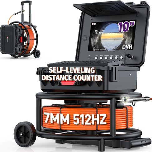 10" Sewer Camera with 512Hz Sonde & Wheels, Self Leveling Plumbing Camera & Distance Counter & 5X Zoom - 145° Pipe Inspection Camera with Lights, 1080P IPS Screen & DVR 32GB(7MM-164Ft/50M) in Saudi Arabia