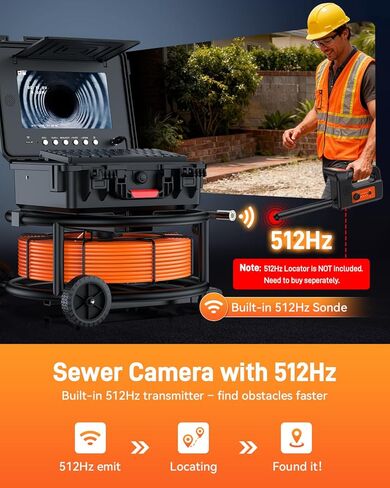 10" Sewer Camera with 512Hz Sonde & Wheels, Self Leveling Plumbing Camera & Distance Counter & 5X Zoom - 145° Pipe Inspection Camera with Lights, 1080P IPS Screen & DVR 32GB(7MM-164Ft/50M) in Saudi Arabia