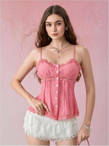 Women's Lace Button Down Blouses V Neck Spaghetti Strap Camisole Tops Summer Shirts in Saudi Arabia