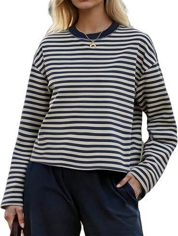 المرأة المتضخم مخطط كم طويل قميص Y2k Crewneck انخفاض الكتف اقتصاص المحملات في سن المراهقة الفتيات فضفاض البلوز in Kuwait