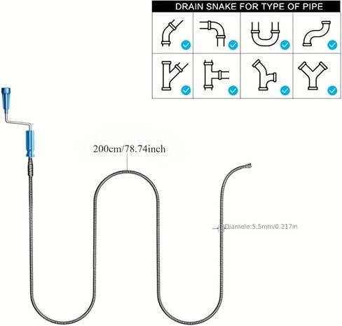 78.74in Flexible Drain Cleaning Tool 1pc - Lightweight Easy-to-Use for Kitchen & Bathroom Sinks, Tubs, Septic Systems, Durable Plastic/Metal for Home Maintenance & Plumbing Tasks in Saudi Arabia