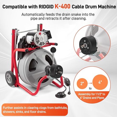 مجموعة تغذية تنظيف الصرف الأوتوماتيكية 26773 المُحدثة، مناسبة لآلة طبل الكابل RIDGID K-400، للمصارف والأنابيب من 1-1/2 بوصة إلى 4 بوصة، التحكم في التشغيل ثلاثي المواضع مع نظام محرك الكابل المتكامل in Kuwait