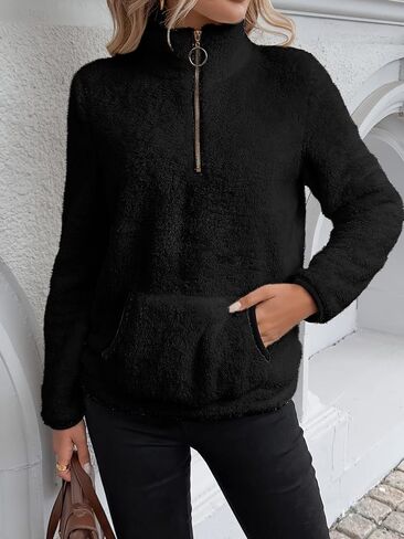 Women's Quarter Zip Pullover Casual Sherpa Fleece Long Sleeve Sweatshirt Winter Warm Cropped Pullover with Pocket in Saudi Arabia