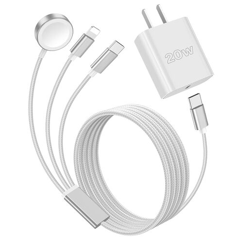 أساسيات السفر لشاحن ساعة Apple، شاحن iPhone، سلك كابل شحن سريع متعدد من النوع C/Lightning مع كتلة شاحن 20 وات، محمول مصمم لـ iWatch 11-2، iPhone 17-11، Galaxy 25، المنزل، المكتب - 4FT in Kuwait