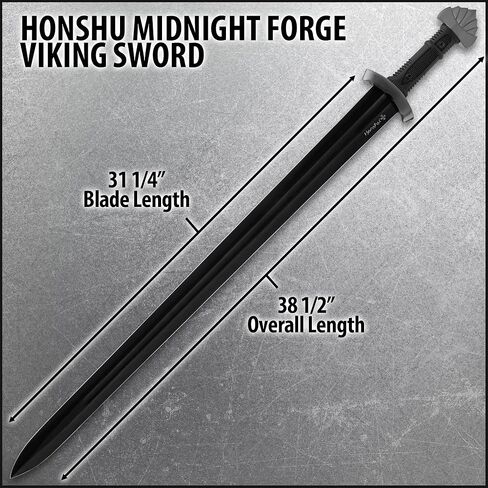 هونشو منتصف الليل صياغة سيف الفايكنج | شفرة من الصلب الكربوني | لمسة نهائية سوداء أنيقة | مقبض TPR لقبضة مريحة | يتضمن غمدًا خشبيًا وضفدعًا جلديًا | 38 1/2 بوصة إجماليًا in Kuwait