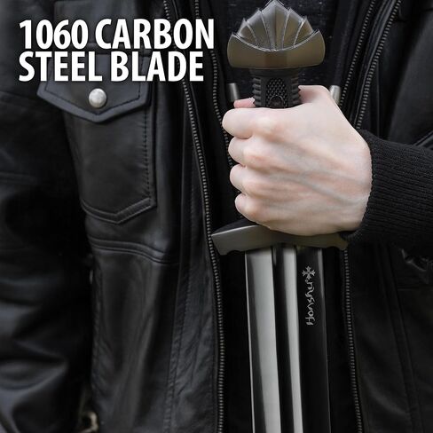 هونشو منتصف الليل صياغة سيف الفايكنج | شفرة من الصلب الكربوني | لمسة نهائية سوداء أنيقة | مقبض TPR لقبضة مريحة | يتضمن غمدًا خشبيًا وضفدعًا جلديًا | 38 1/2 بوصة إجماليًا in Kuwait