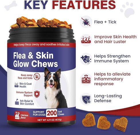 الوقاية من البراغيث والقراد للكلاب، أوميغا قابلة للمضغ، جلد ومعطف يمضغ للكلاب، مكملات غذائية، 200 لينة لجميع السلالات، نكهة الدجاج in Kuwait