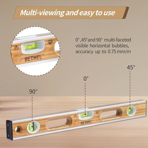 BETHEL 24-inch Bamboo Level, Mortar Adhesion Resistant Light Level, with Double Curved Acrylic Leveling Tubes for Masonry Applications and General Leveling in Kuwait