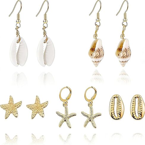 5 Pairs Starfish Earring Gold Seashell Dangle Earrings Set Pearl Stud Earrings Boho Shell Summer Beach Earrings Summer Accessories Jewelry for women in Kuwait