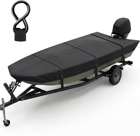 Jon Boat Cover 14-16 ft, Heavy Duty Trailerable Boat Cover with Metal Buckles for Jon 14' 15' 16' Beam Width up to 75", 1200D Waterproof Oxford with Motor Cover, Vents,Black in Saudi Arabia