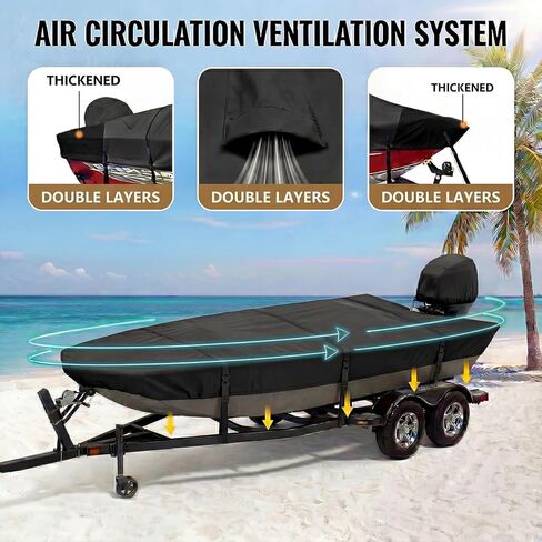 Jon Boat Cover 14-16 ft, Heavy Duty Trailerable Boat Cover with Metal Buckles for Jon 14' 15' 16' Beam Width up to 75", 1200D Waterproof Oxford with Motor Cover, Vents,Black in Saudi Arabia