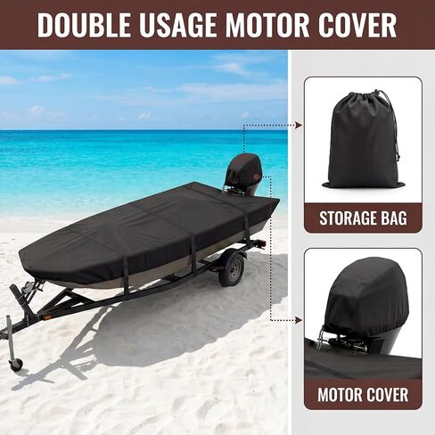 Jon Boat Cover 14-16 ft, Heavy Duty Trailerable Boat Cover with Metal Buckles for Jon 14' 15' 16' Beam Width up to 75", 1200D Waterproof Oxford with Motor Cover, Vents,Black in Saudi Arabia