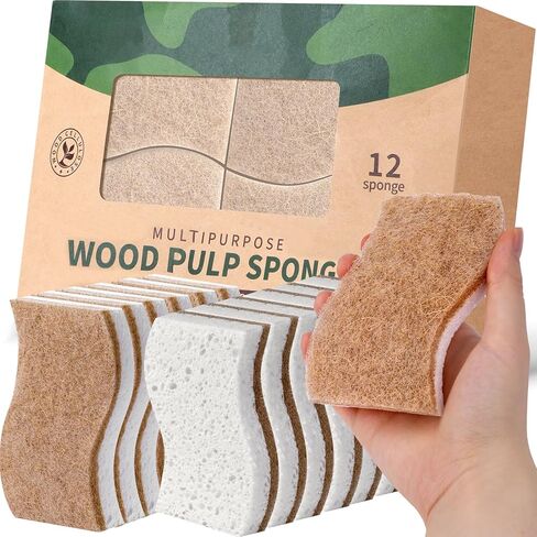 12Pack Natural Kitchen Sponge, Biodegradable Cellulose and Coconut Scrubber, Eco Friendly Sponges for Dishes in Saudi Arabia