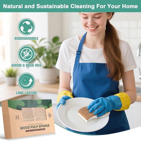 12Pack Natural Kitchen Sponge, Biodegradable Cellulose and Coconut Scrubber, Eco Friendly Sponges for Dishes in Saudi Arabia