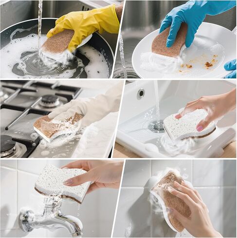 12Pack Natural Kitchen Sponge, Biodegradable Cellulose and Coconut Scrubber, Eco Friendly Sponges for Dishes in Saudi Arabia