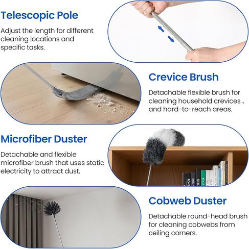 Extra-Long Dusters Kits with Extension Pole, 5 in 1 Cleaning Tools with Extendable Long Handle, Cobweb Duster, Microfiber Dusting Clothes for Gap, High Ceilings and Fans, Blinds, Cars and Furniture in Saudi Arabia