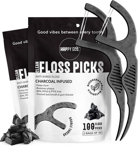 خيط تنظيف الأسنان للأسنان (200 قطعة) - خيط تنظيف أسنان مزدوج الخيط للبالغين، خيط تنظيف الأسنان، مقبض نباتي من قش الذرة، سلسلة مقاومة للتمزيق للعناية بالفم بين الأسنان وصحة اللثة، نعناع in Kuwait