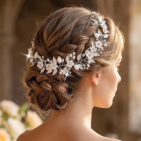 UniCra Silver Pearl Hair Hair Vine زفاف الزفاف قطعة شعر زهرة الإكسسوارات للعرائس والنساء in Saudi Arabia