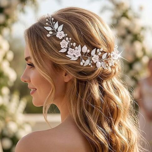 UniCra Silver Pearl Hair Hair Vine زفاف الزفاف قطعة شعر زهرة الإكسسوارات للعرائس والنساء in Saudi Arabia