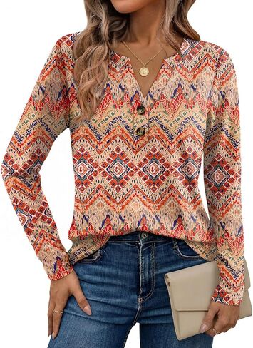 Dealmore قمصان هينلي نسائية طويلة الأكمام مطبوعة بلوزات غير رسمية أنيقة عصرية بوهو تونيك ملابس فضفاضة تناسب أزياء الخريف in Kuwait