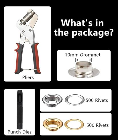 مجموعة حلقات معدنية احترافية - 500 قطعة ثقوب 10 مم (ذهبي وفضي) + أداة ضغط يدوية شديدة التحمل للنسيج والجلد والقماش والأعمال اليدوية in Kuwait