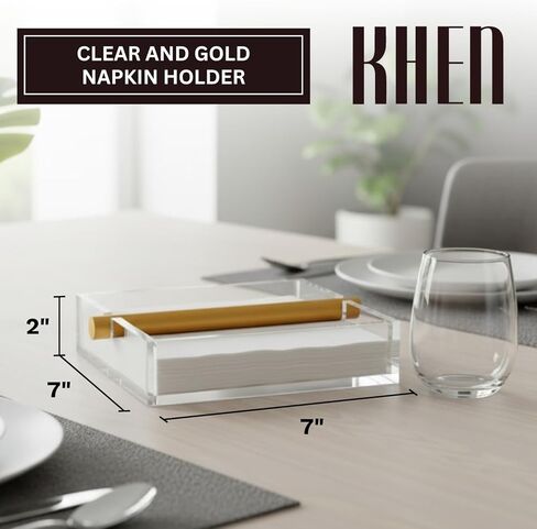 Lucite Luxurious Clear & Gold Cocktail Napkin Holder – 7"x 7" Square Design | Modern Table Decor for Dining Room, Kitchen & Buffet | Elegant Tabletop Centerpiece, Organizer, Stylish Home Gift Serving in Kuwait