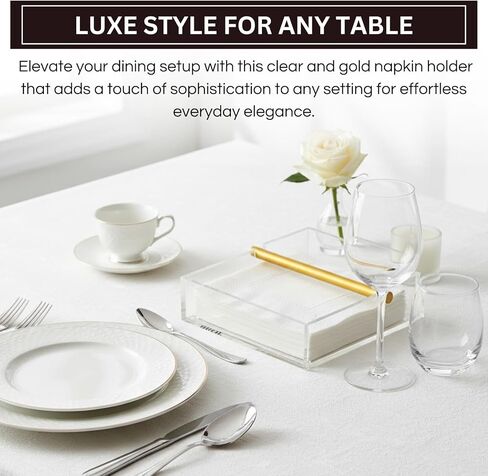 Lucite Luxurious Clear & Gold Cocktail Napkin Holder – 7"x 7" Square Design | Modern Table Decor for Dining Room, Kitchen & Buffet | Elegant Tabletop Centerpiece, Organizer, Stylish Home Gift Serving in Kuwait