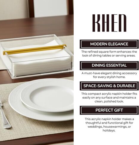 Lucite Luxurious Clear & Gold Cocktail Napkin Holder – 7"x 7" Square Design | Modern Table Decor for Dining Room, Kitchen & Buffet | Elegant Tabletop Centerpiece, Organizer, Stylish Home Gift Serving in Kuwait