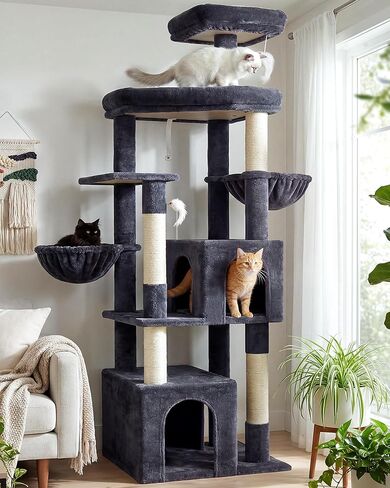 Globlazer Sturdy Cat Tree, 68-inch Large Cat Tower for Indoor Adult Cats 20 lbs Heavy Duty Cat Tree for Big Cats with Extra Large Platform, 5 Scratching Post, S68, Beige in Kuwait