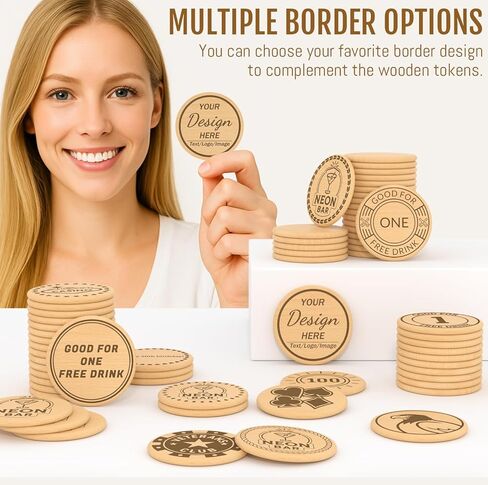 30–1000 Custom Wooden Tokens, Personalized Laser Engraved Wood Chips with Logo or Text, Double-Sided Engraving, 1.5 Inch Drink & Bar Tokens for Weddings, Parties, Corporate Promotions in Saudi Arabia