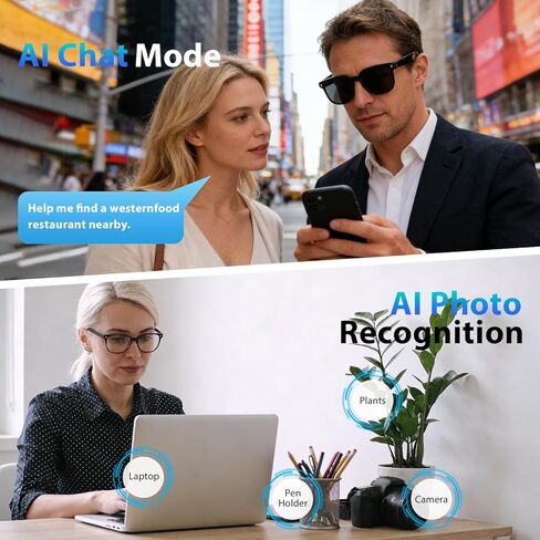 نظارات ذكية مزودة بكاميرا عالية الدقة: التعرف على الذكاء الاصطناعي، وتسجيل الفيديو، وتثبيت الصورة الذكي، والترجمة في الوقت الفعلي، ومساعد الصوت، وصوت الأذن المفتوحة - السفر، والاجتماعات، ومدونات الفيديو (عدسات متغيرة اللون) in Kuwait