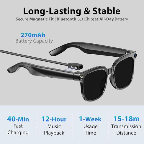 نظارات ذكية مزودة بكاميرا عالية الدقة: التعرف على الذكاء الاصطناعي، وتسجيل الفيديو، وتثبيت الصورة الذكي، والترجمة في الوقت الفعلي، ومساعد الصوت، وصوت الأذن المفتوحة - السفر، والاجتماعات، ومدونات الفيديو (عدسات متغيرة اللون) in Kuwait