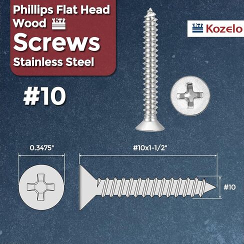 50 قطعة من مسامير الخشب ذات الرأس المسطح من فيليبس - [#10x1-1/2] 316 من الفولاذ المقاوم للصدأ، براغي ذاتية اللصق لتجميع الأثاث، زخرفة داخلية، بناء خارجي، فضي in Kuwait