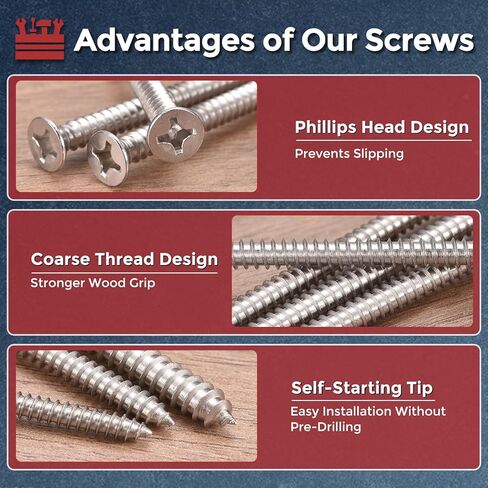 50 قطعة من مسامير الخشب ذات الرأس المسطح من فيليبس - [#10x1-1/2] 316 من الفولاذ المقاوم للصدأ، براغي ذاتية اللصق لتجميع الأثاث، زخرفة داخلية، بناء خارجي، فضي in Kuwait