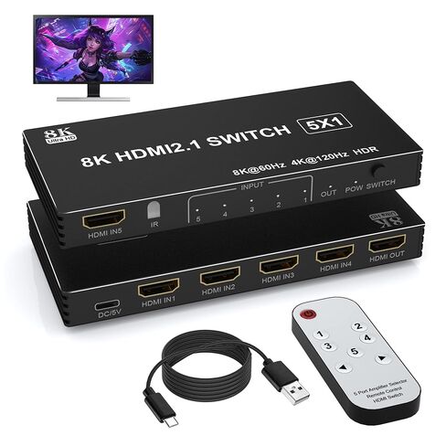 8K HDMI Splitter 4K 240 هرتز HDMI Switch 5 في 1 خارج - 5 منافذ محول مع جهاز تحكم عن بعد 8K @ 60 هرتز 4K @ 240 هرتز HDR10+ HDMI2.1 3D CEC HDR HDCP2.3، يستخدم لجهاز PS5/4/3 Xbox DVD Player Nintendo Roku PC Fire Stick Apple TV in Kuwait
