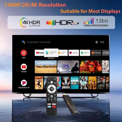 Android TV Stick 4K, 2025 TV Stick Android 14.0 2GB RAM 16GB ROM Ultra HD RK3518 CPU Supports Wi-Fi 6 2.4G/5G Wi-Fi Bluetooth 5.0 USB HDR10 with Bluetooth Voice Remote Control - Black in Kuwait