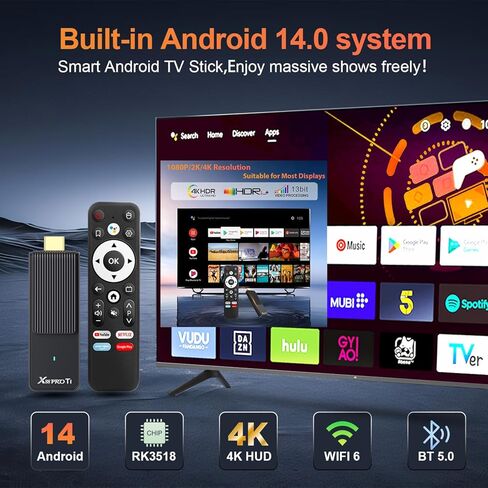 Android TV Stick 4K, 2025 TV Stick Android 14.0 2GB RAM 16GB ROM Ultra HD RK3518 CPU Supports Wi-Fi 6 2.4G/5G Wi-Fi Bluetooth 5.0 USB HDR10 with Bluetooth Voice Remote Control - Black in Kuwait
