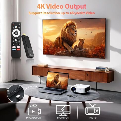 Android TV Stick 4K, 2025 TV Stick Android 14.0 2GB RAM 16GB ROM Ultra HD RK3518 CPU Supports Wi-Fi 6 2.4G/5G Wi-Fi Bluetooth 5.0 USB HDR10 with Bluetooth Voice Remote Control - Black in Kuwait