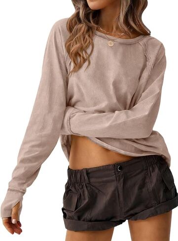 EADINVE Womens Long Sleeve Tops Pleated Crew Neck Casual Fall Fashion Tunic Loose Fit Lightweight Girls Outfits Clothes in Kuwait