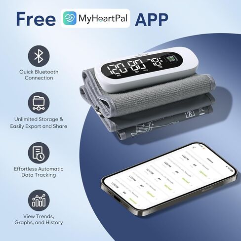 Wireless Bluetooth Blood Pressure Monitor for Home Use: Easy@Home Rechargeable BP Machine with Large Cuff, Free MyHeartPal App, One-Piece Design, Compact & Portable, iOS & Android Compatible, EBP-96B in Saudi Arabia