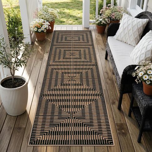 LIVEBOX Washable Jute Look Indoor Outdoor Area Rug 3x5, Non Slip Entryway Front Door Porch Rugs, Boho Geometric Diamond Striped Carpet Mat for Entrance,Office,Kitchen (3'x5', Black) in Saudi Arabia