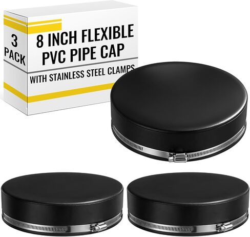3 Pack 8 Inch Flexible PVC Pipe Cap with Stainless Steel Clamps - Black Durable End Caps for Drainage, Wastewater & Vent Pipes, Above/below Ground Use in Saudi Arabia