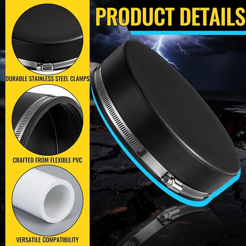 3 Pack 8 Inch Flexible PVC Pipe Cap with Stainless Steel Clamps - Black Durable End Caps for Drainage, Wastewater & Vent Pipes, Above/below Ground Use in Saudi Arabia