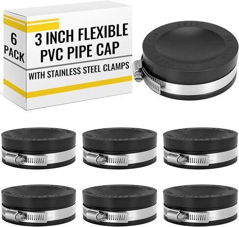 3 Pack 8 Inch Flexible PVC Pipe Cap with Stainless Steel Clamps - Black Durable End Caps for Drainage, Wastewater & Vent Pipes, Above/below Ground Use in Saudi Arabia