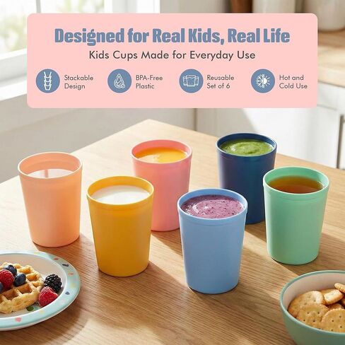 MASTERCOOK 6 Pcs. Small Reusable Cups –8 oz Unbreakable Drinking Glasses -Toddler Cups for Water, Juice, Milk–BPA Free Stackable Tumblers Plastic Cup set for Kitchen, Picnics, Parties- Kid-Friendly in Saudi Arabia