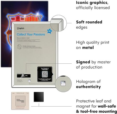 ملصق معدني رسمي من Displate لنادي برشلونة لكرة القدم يتضمن تركيب مغناطيسي عمل فني مرخص حديث لتزيين الحائط FC Barcelona Crest Crest ملصق نيون مقاس 12.6 × 17.7 بوصة in Kuwait