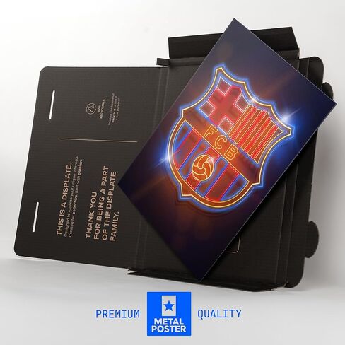 ملصق معدني رسمي من Displate لنادي برشلونة لكرة القدم يتضمن تركيب مغناطيسي عمل فني مرخص حديث لتزيين الحائط FC Barcelona Crest Crest ملصق نيون مقاس 12.6 × 17.7 بوصة in Kuwait