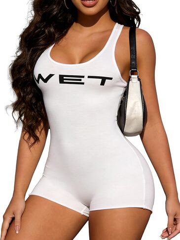 Nihsatin Women's Unitard Tank Romper Raw Hem Sexy U-Neck Bodycon Sleeveless Playsuits in Kuwait